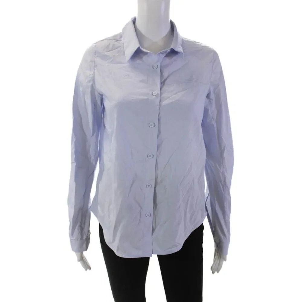 Lululemon Womens Long Sleeves Button Down Shirt Sky Blue Cotton Blend Size 4